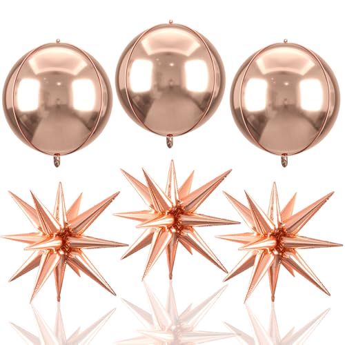 Image of 6pcs 22 inch Rose Gold Star Balloons and Rose Gold 4D Large Foil Balloons, Foil Star Balloon 4D Aluminum Balloon For Birthday Baby Shower Party Wedding Anniversary Bridal Shower Engagement Decoration