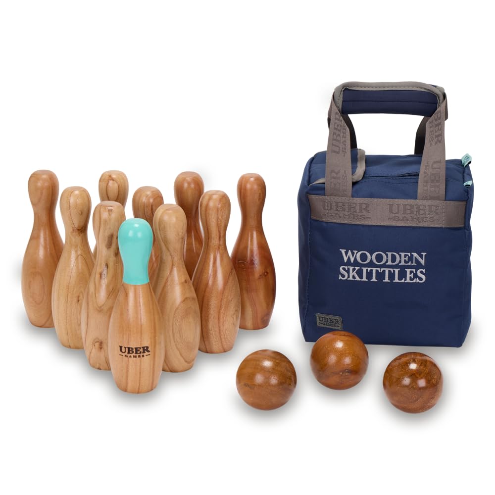 Uber Games Wooden Skittles Set, 10 Pins & 3 Balls, Carry Bag Included