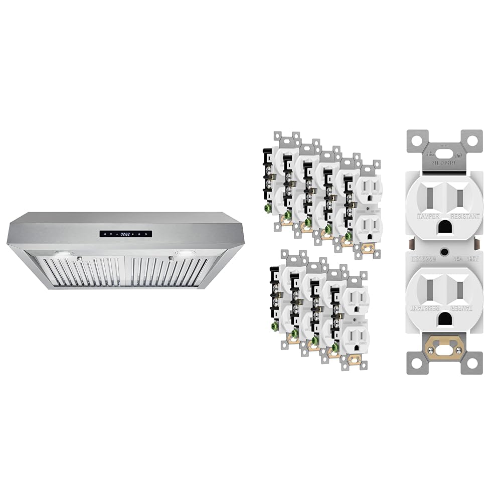 COSMO UMC30 Ducted Under Cabinet Stainless Steel Range Hood with 380 CFM & ENERLITES Duplex Receptacle Outlet, Tamper-Resistant Electrical Wall Outlets, Residential Grade, 3-Wire
