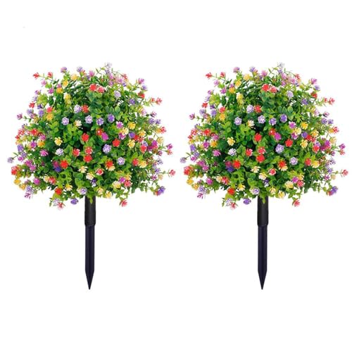 Paquete de 2 árboles topiarios artificiales de boj con estaca para el suelo, plantas artificiales para exteriores, 21 pulgadas, resistentes a los rayos UV, arbustos falsos de hoja perenne para jardín,