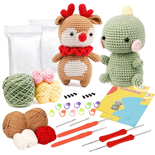 Ruasol Häkelpaket für Anfänger, Häkelpaket mit Garn, DIY-Häkelpaket für Anfänger, Häkelnadeln, Schritt-für-Schritt-Anleitungsvideo, Häkel-Starter-Kit für DIY-Bastelkunst, Hirsch und Dinosaurier