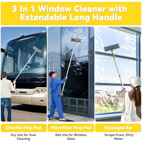 JEHONN Fensterreiniger mit Abzieher, 163 cm Langem Stiel Fensterputzer Set, Professioneller Fensterwischer, Window Cleaner mit Mikrofasertuch und Chenille Pad für Glaswand Auto Haus Küche