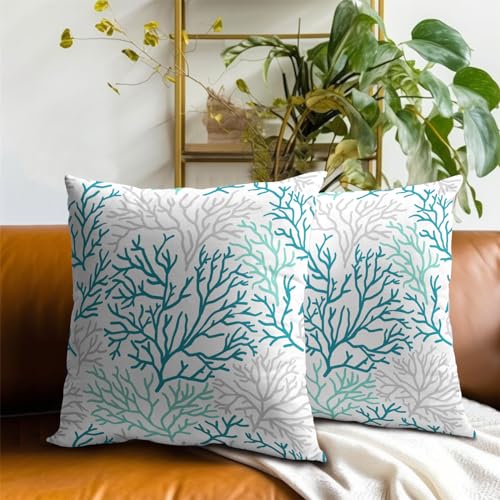 Mweet Teal Blue Coral Pillow Covers 18X18 Inch Summer Ocean Sea Coastal Decorative Throw Pillow Cases Set of 2 for Couch Sofa Bench Living Room Bedroom Home Decor - Image 8