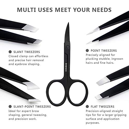 Tweezers Set 5-Piece - Professional Stainless Steel Tweezers With Curved Scissors, Best Precision Tweezer For Eyebrows, Splinter & Ingrown Hair Removal With Leather Travel Case (Black) #TOP1