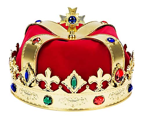 King Gold Crowns Costume – Perfect for Royal Kingdom Party Theme and Decorations - Feel Like a Prince - Jeweled Gold, Red, Blue - One Size Costume Accessories for Men - Medieval Theme for Birthday