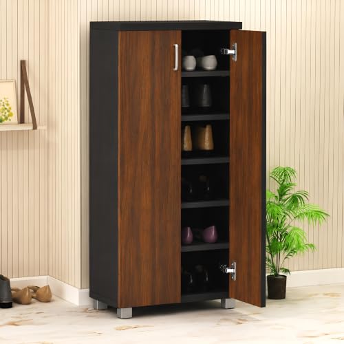 Image of Fusion 2 Door Shoe Cabinet | Engineered Wood | Two-Tone Design | Tall Space-Saving Cabinet, and Curved Handles | Extra Thick Table Top - Fits Up to 30 Pairs (DIY Assembly) (Wenge)