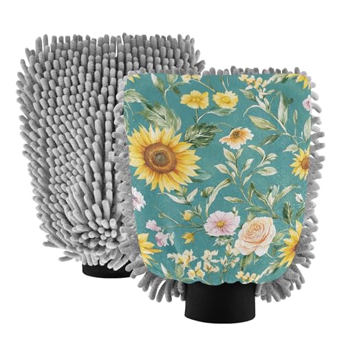 Flowers Sunflower Carnation Teal Microfiber Car Wash Mitt 2 Pack Cars Washing Mitt Non Scratch Detailing Clean Rag for Auto Supplies