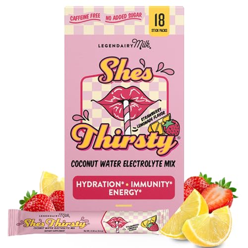 Image of Legendairy Milk She’s Thirsty – Strawberry Lemonade, No Sugar Added Electrolytes Powder Packets–Coconut Water Mix for Women, Instant Hydration Packets, Immune Support, Pregnancy Safe, 18 Ct