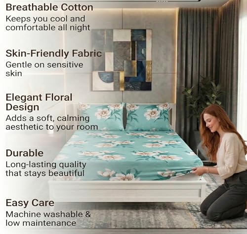 Image of BSB HOME 210 TC Cotton Double Bedsheet with 2 Pillow Covers, Soft Breathable Fabric, Elastic Fitted Sheet, Wrinkle Resistant, Deep Pocket Fit - 78 x 72 + 10 Inches (Dusty Sage)