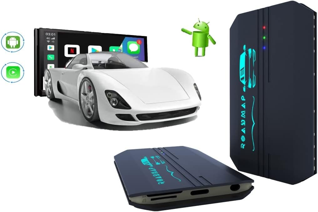 RoadMap Carplay AI Box - 4 in 1- Android 13, Wireless carplay/Android Auto, 4+64GB, Headphone Jack, Cars with OEM Wired CarPlay, YouTube, Netflix for Nissan Ford Mercedes Mazda Kia, 600+Cars
