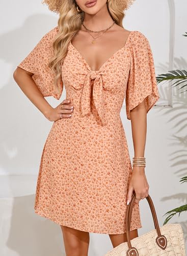 Image of Dokotoo Womens Dresses 2026 Deep V Neck Elegant Bow tie Mini Dress S-XL | Short Sleeve,V Neck,Graduation Party Dress,Elegant,Cocktail,Flowy Beach Vacation Wear,Casual Dress
