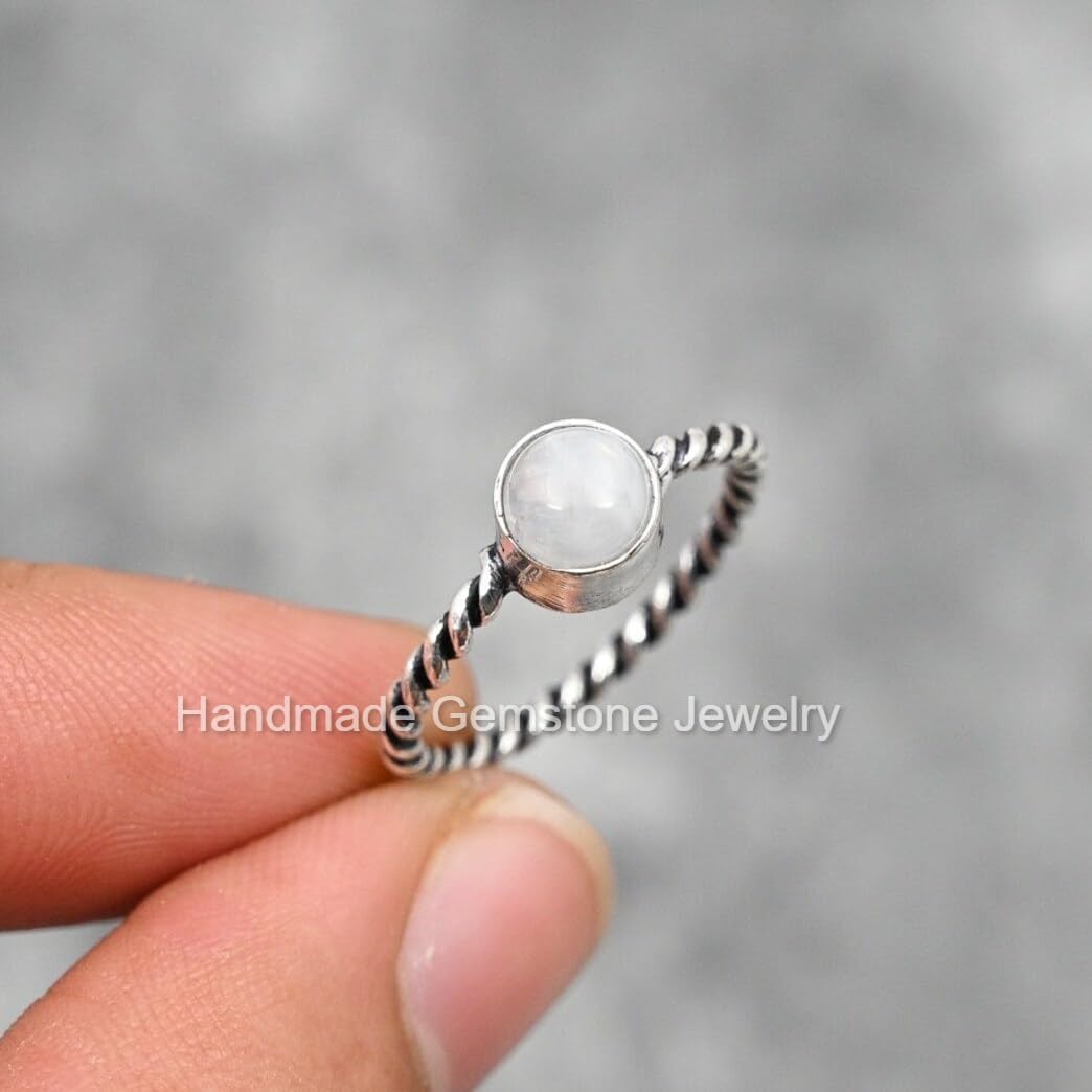 925 Sterling Silver Rainbow Moonstone Engagement Ring - Boho Twisted Band Solitaire, June Birthstone Healing Crystal Jewelry, Round Natural Stone Summer Ring for Women