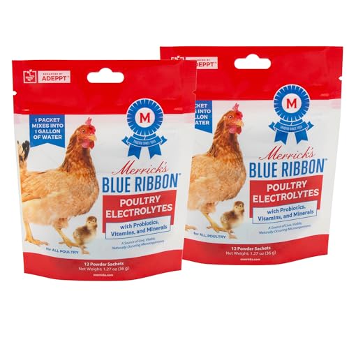 Merrick's Blue Ribbon Chicken Electrolytes with Probiotics, Electrolyte & Immune Support for Chickens, Ducks & All Poultry, Heat Stress & Molting Recovery, 3g Sachets, 12 Count (Pack of 2)