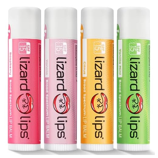 LizardLips Lip Balm SPF 15; Variety Pack of 4 Vanilla, Vanilla Mint, Raspberry, Citrus, Natural Hydrating Moisturizing Lip Sunscreen, Fun Quirky Beach Vacation Essentials