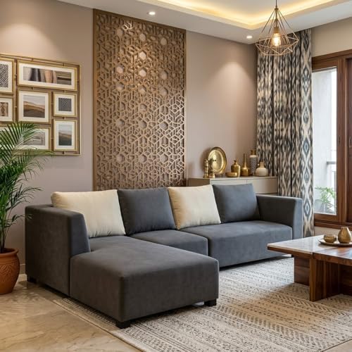 Image of FURNY Olympus 6 Seater LHS L Shape Sofa Set | Plush Velvet Suede Fabric | Modern Design | Soft Comfort Dual Color Cushions for Living Room, Office & Hotels (Dark Grey-Cream)