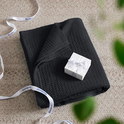 Image of Bedsure 100% Cotton Blanket Full Size for Bed - Breathable and Soft for Summer, Thick Cozy Waffle Weave Blanket Gifts for Women, Black, 80x90 Inches