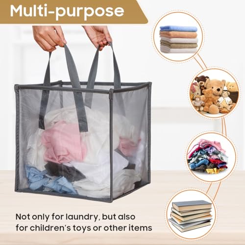 BOSNONA Mesh Pop Up Laundry Basket with Handles Portable and Collapsible Laundry Hamper Foldable Storage Organizer for Laundry Room Clothes Toys (Grey-Single Layer) - Image 3