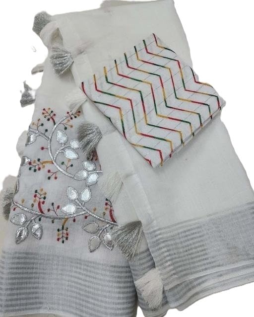 Zari Embroidered Saree with Heavy Work Blouse for Women | Elegant Designer Saree for Wedding, White-picture-28