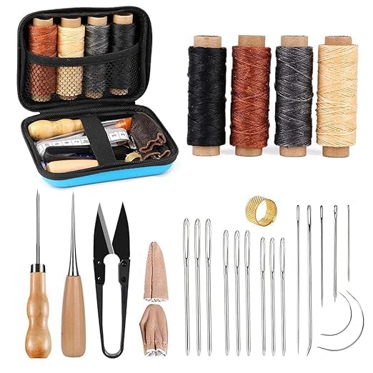TRIBEAZI Leather Sewing & Upholstery Repair Kit – Heavy-Duty Hand Stitching Set with Large-Eye Needles, Waxed Thread, Awl, Thimble & DIY Craft Repair Tools with Storage Bag