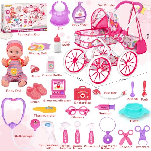 Baby Doll Stroller Toys Set, 12″ Doll with Accessories, 28Pcs Baby Dolls and Stroller Set with Care Bag, Clothes, Baby Bottle, Realistic Pretend Play Toy for Girls 3-5, 4-6, 7 Years Old Toddler Gift