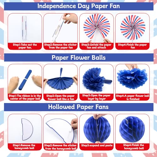 Image of 24 Pcs Patriotic 4th of July Decorations Kit, Paper Fans Pom Poms 8-16 in | Red white blue fans, pom poms, honeycomb balls, USA flag banner, swirls for 4th of July, Memorial Day, Independence Day decor