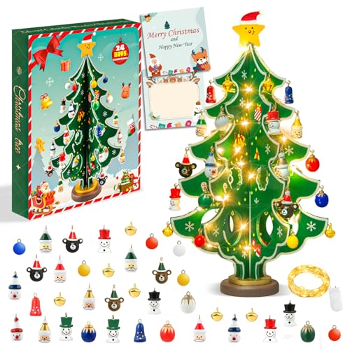 Image of FFZZKJ Advent Calendar 2025 Kids Wooden Christmas Tree with 36 Ornaments and Fairy Lights for 24 Days Countdown, Christmas Table Decoration, Christmas Decorations