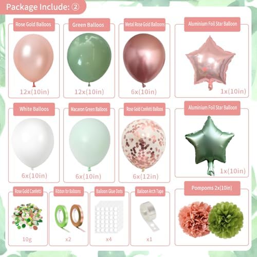 Sage Green and Rose Gold Birthday Party Decorations with Happy Birthday Banner, Green White Rose Gold Foil Balloons, Tablecloth, Fringe Curtain, Sash and Crown, Butterfly for Women Girls Princess — view 3