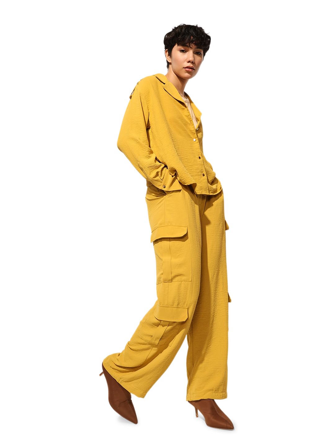 only Women's Solid Regular Fit High Rise Mustard Co-ord Set (1 Shirt, 1 Cargo Track Pants)-picture-17
