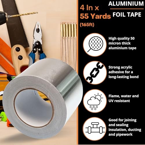 Image of GTSE Aluminum Foil Tape, 4 inches x 55 Yards (164 ft), 2 Wide Rolls, Multi-Purpose Silver Metal Tape, Ideal for HVAC, Sealing, Insulation, Patching Air Ducts, Metal Repair