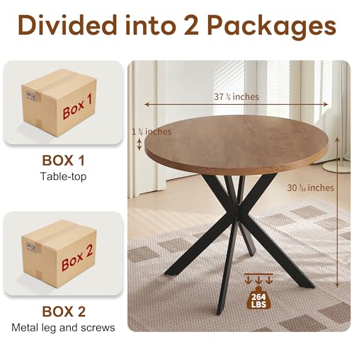 NORDICANA 37.4 Inches Modern Round Dining Table, MDF Table-Top, Wood Grain Effect Finish, Metal Base, Circle Space-Saving Dinette Desk for 2-4