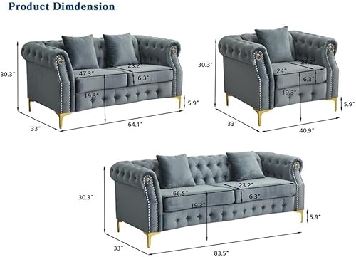 Miniatura 3 de Pemberly Row Juego de sofá de terciopelo de 3 piezas y remaches dorados, gris