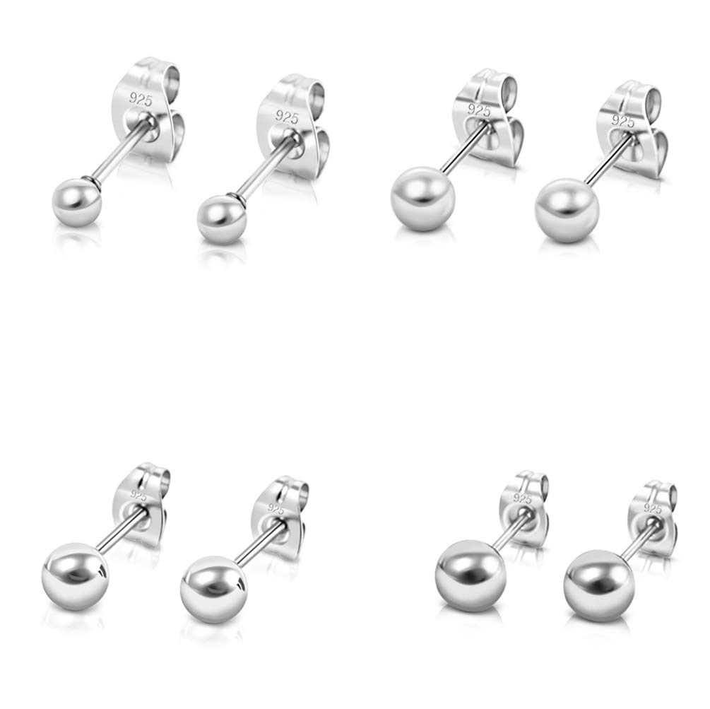 DTPsilver Pack de 4 Pendientes Bola Plata de Ley 925, Chapados Oro Rosa o Amarillo - Pendientes Bolitas Pequeñas - Pendientes Pequeños Mujer Bolas - Diámetro Bola 3, 4, 5, 6 mm