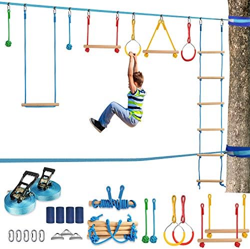 Ninja Warrior Obstacle Course Kit for Kids 37 PCS 52' Ninja Line Slackline Hanging Monkey Bars Fists Gymnastic Rings Swing Rope Ladder Portable Outdoor Ninja Course Training Equipment Set for Backyard