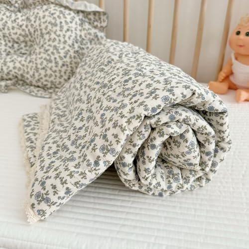 Image of BuLuTu Cotton Muslin Toddler Blanket Blue Floral Print Kids Quilts for Crib Cot Soft Lightweight Boys Girls Comforter for All Seasons, Machine Washable, 47x59 Inches