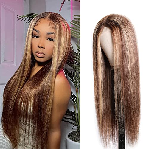 Ombre Highlight Straight T Part Lace Closure Human Hair Wig Middle Part Brazilian Remy Hair Blonde Brown Wigs Pre Plucked for Women 150% Density