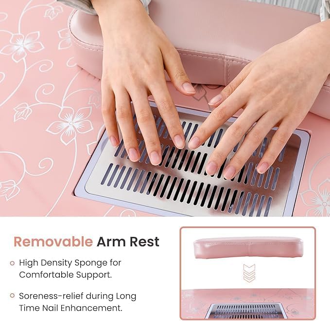 Nightcore Nail Table, Portable Nail Table with Bendable LED Light & Tote Bag, Foldable Nail Table with Electric Dust Collector & 4 Lockable Wheels, Nail Salon Table with Removable Hand Mat (Pink)