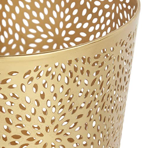 Cosmoliving By Cosmopolitan Metal Cylinder Small Waste Bin With Laser Carved Floral Design, 9" X 9" X 10", Gold #TOP3