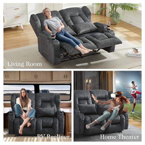 Image of Loveseat Recliner Sofa,RV Wall Hugger Recliners for Small Spaces,Reclining Loveseat Sofa Recliner with Cup Holders /Lumbar Pillows,RV Furniture (Velvet Gray, 56 inch 2-Seater)