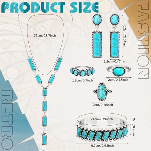 Image of Ecally Bohemian Western Jewelry Turquoise Set Women Country Pendant Long Choker Layered Bracelets Earrings Ring for Women