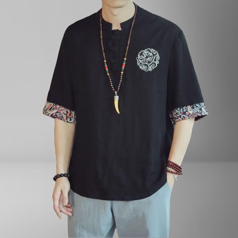 Camisa transpirable de lino contra el calor con cuello alto tradicional 2