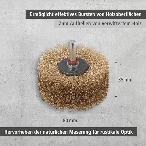 wolfcraft Holz-Struktur-Bürste I 2265000 I Zum Strukturieren von Holzflächen I Ø 80 x 35 mm Rundschaft 8 mm