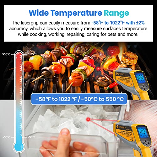 Image of Etekcity Infrared Thermometer 1025D (Not for Human) Dual Laser Temperature Gun-58℉~1022℉ (-50℃~550℃) with Adjustable Emissivity, Non-Contact Voltage Tester (NCV), Standard Size, Yellow & Gray | Pizza Oven, Griddle, BBQ, Meat, HVAC, Engine, Electricians, Non-Contact Voltage Detection, Adjustable Emissivity