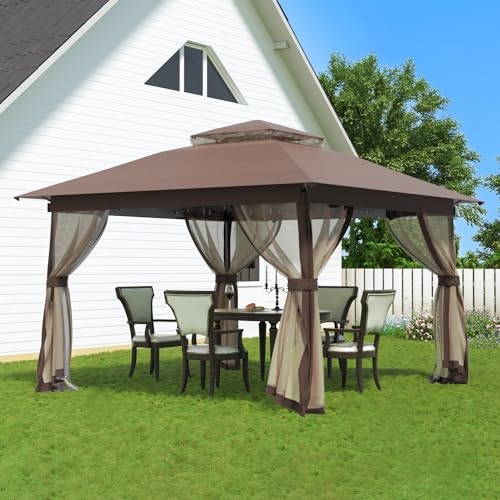 Auraway Instant Pop-Up Gazebo with Mosquito Net and Waterproof Double Roof - for Camping, Beach, Backyard; Easy Setup; Sun Shade with UV Protection (Chocolate) (13X13) (Chocolate, 10 * 10)