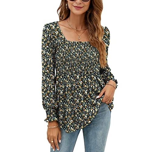 LOMON Blouses for Women Puff Long Sleeve Shirts Square Neck Casual Smocked Tunic Tops 2024 Spring Fall Winter Clothes S-XL Black & Yellow Floral Long Sleeve Shirts Large