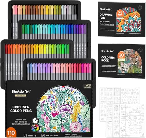 Shuttle Art Stylos Fineliners, 100 Couleurs Stylo Feutre Pointe Fine (0.4mm) avec 8 Pochoirs et 2 Livres de Coloriages pour Dessin de Précision,Écriture,Marque