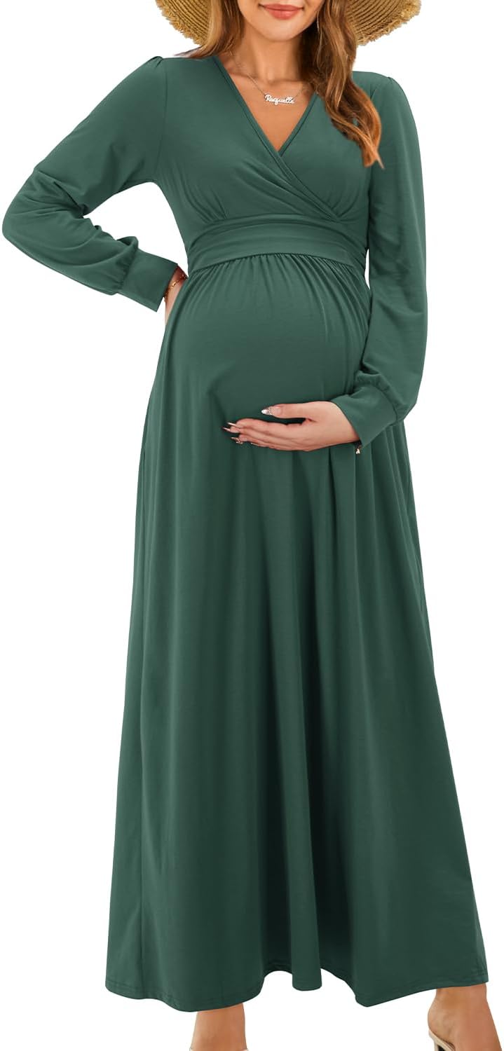 OUGES Fall Maternity Maxi Dress Long Sleeve Wrap V Neck Baby Shower Pregnancy Dresses for Photoshoot Maternity Clothes