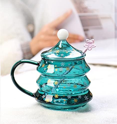 TOPWAYS Christmas Tree Shaped Coffee Mugs, Christmas Snowflake Decoration Glass Cups with Lid, Present for Christmas Valentine's Day 550ml (19 oz )