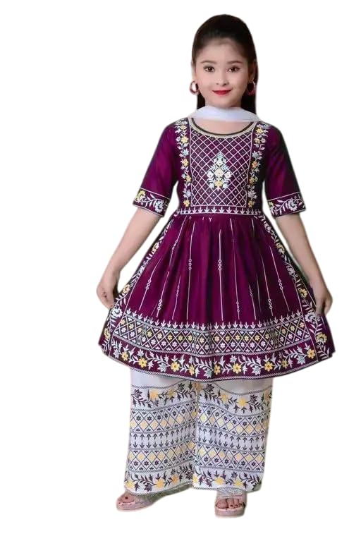 Image of Girls Traditional Embroidered Kurta Palazzo Set, Green and White, Floral Design, Half Sleeves