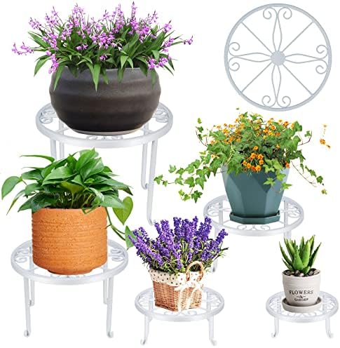 5 Pack White Metal Plant Stand for Outdoor Indoor Plants, Bronze Heavy Duty Flower Pot Stands for Multiple Plant, Rustproof Iron Round Plant Shelf for Planter, Potted Plant Holder for Garden Home