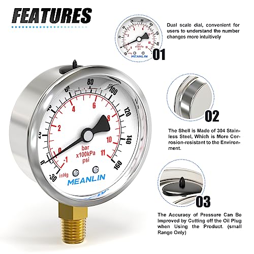 Image of MEANLIN MEASURE -30inHG~160Psi Stainless Steel 1 /4 inch NPT 2.5 inch FACE DIAL Vacuum Pressure Gauge, Lower Mount, with 1 /2 inch NPT and 3 /8 inch NPT Hex Bushing